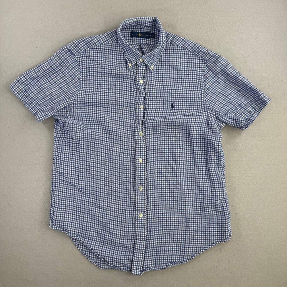 Ralph Lauren Shirt Mens Large Blue 100% Linen Gingham Button Up Short Sleeve